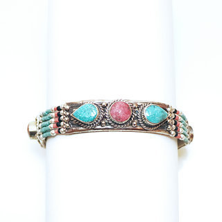 Bijoux Ethniques indiens bracelet multi-rangs turquoise corail laiton plaqu argent 925 et pierres perles npalais tibtain - Nepal 022