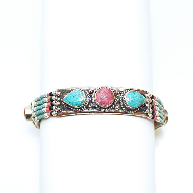 Bracelet multi-rangs argenté et pierres Turquoise et Corail - Népal 022