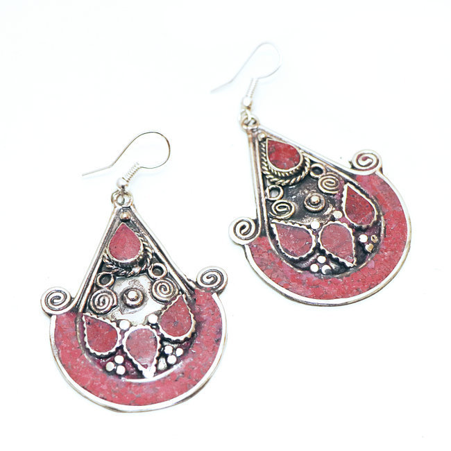 Boucles d'oreilles tibétaines grands pendants Corail - Népal 013