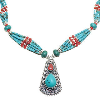 Bijoux Ethniques indiens collier en argent 925 tibtain femme multi-rangs filigrane et pierre fine turquoise naturelle vritable corail tibtains npalais - Npal 007 b