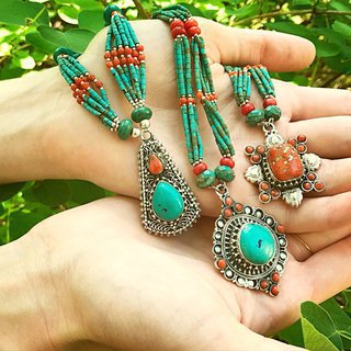 Bijoux Ethniques indiens collier en argent 925 tibtain femme multi-rangs filigrane et pierre fine turquoise naturelle vritable corail tibtains npalais - Npal 007 C