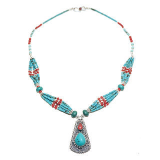 Bijoux Ethniques indiens collier en argent 925 tibtain femme multi-rangs filigrane et pierre fine turquoise naturelle vritable corail tibtains npalais - Npal 007