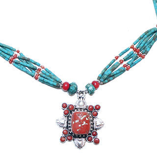 Bijoux Ethniques indiens collier en argent 925 tibtain femme multi-rangs filigrane et pierre fine turquoise naturelle vritable corail tibtains npalais - Npal 008 b