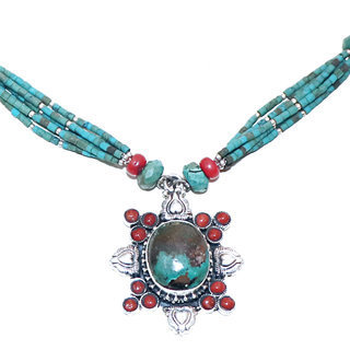 Bijoux Ethniques indiens collier en argent 925 tibtain femme multi-rangs filigrane et pierre fine turquoise naturelle vritable corail tibtains npalais - Npal 009 b