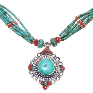 Bijoux Ethniques indiens collier en argent 925 tibtain femme multi-rangs filigrane et pierre fine turquoise naturelle vritable corail tibtains npalais - Npal 010 b