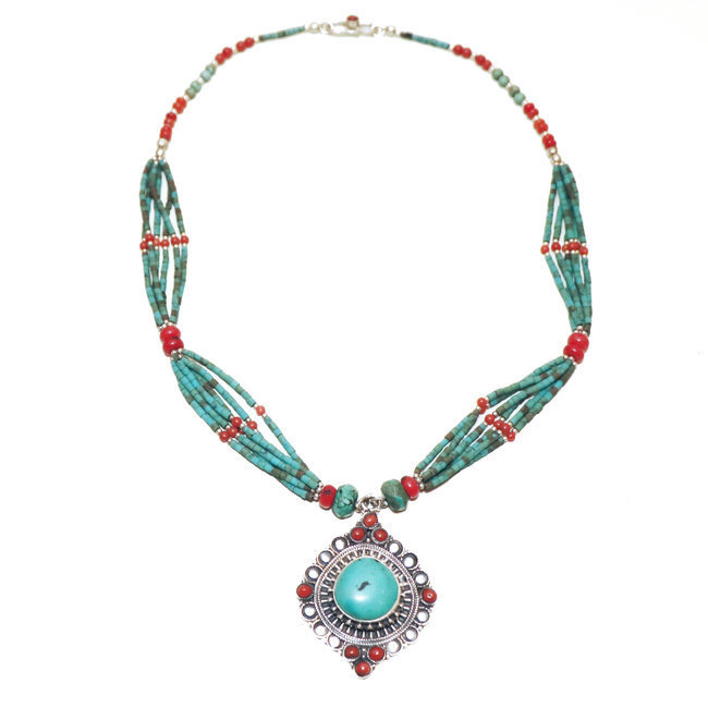 Collier Tibétain en argent 925 Turquoise naturelle et Corail - Népal 010