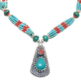 Bijoux Ethniques indiens collier en argent 925 tibtain femme multi-rangs filigrane et pierre fine turquoise naturelle vritable corail tibtains npalais - Npal 011 b