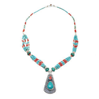 Bijoux Ethniques indiens collier en argent 925 tibtain femme multi-rangs filigrane et pierre fine turquoise naturelle vritable corail tibtains npalais - Npal 011