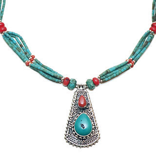 Bijoux Ethniques indiens collier en argent 925 tibtain femme multi-rangs filigrane et pierre fine turquoise naturelle vritable corail tibtains npalais - Npal 012 b