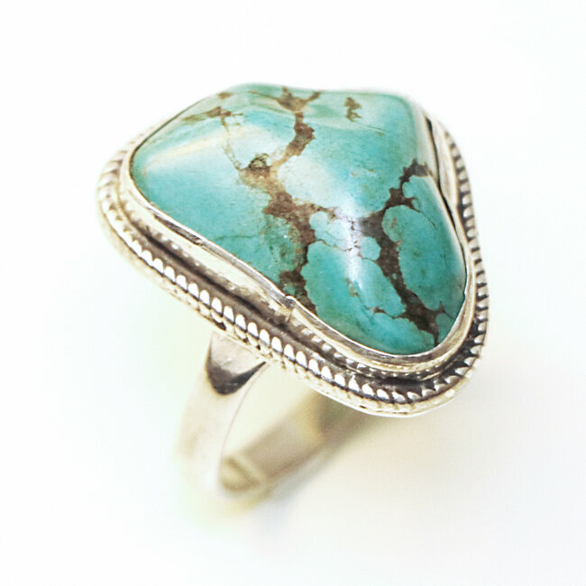 Bague druzy argent 925 et Turquoise brute naturelle - Népal 089