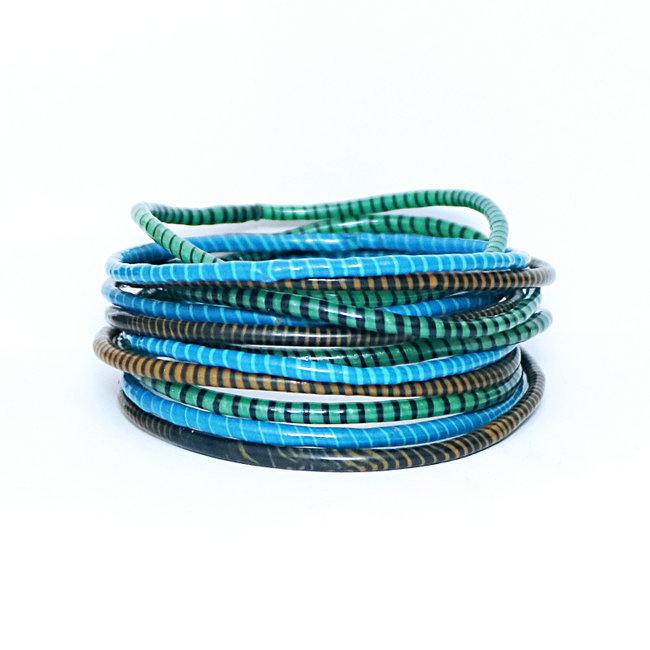 Lot de 12 bracelets Jokko en plastique recyclé mix Jaspe vert bleu brun - Mali 046