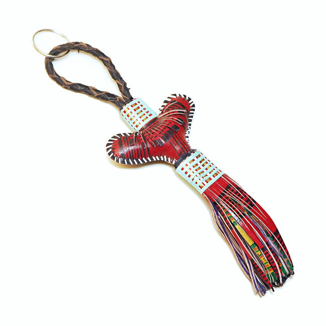 Porte-clés touareg pompon en cuir brodé rouge - Mali 001