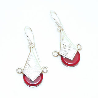 Bijoux touareg ethniques boucles d'oreilles femme argent 925 massif graves et pierre croix d'ingall Verre artisanal rouge - 010 a