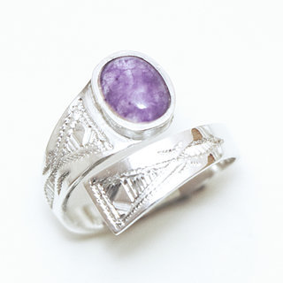 Bijoux touareg ethniques bague en argent 925 massif femme ovale croise rglable ajustable verre artisanal violet mauve - Niger 031 a