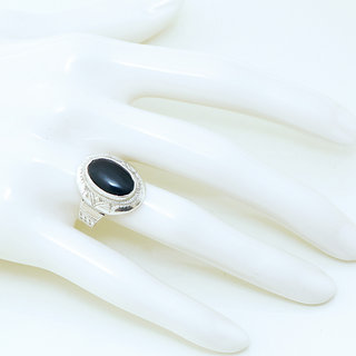 Bijoux touareg ethniques bague chevalire en argent 925 massif femme homme ovale grave pierre fine Onyx noir - Niger 035 c