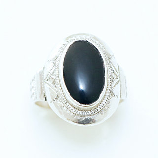 Bijoux touareg ethniques bague chevalire en argent 925 massif femme homme ovale grave pierre fine Onyx noir - Niger 035 b