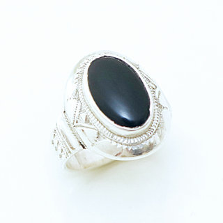 Bijoux touareg ethniques bague chevalire en argent 925 massif femme homme ovale grave pierre fine Onyx noir - Niger 035