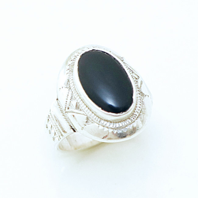 Bague argent massif 925 touareg chevalière ovale et Onyx - Niger 035