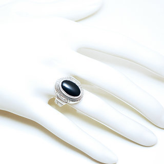 Bijoux touareg ethniques bague chevalire en argent 925 massif femme homme ovale grave pierre fine Onyx noir - Niger 036 b