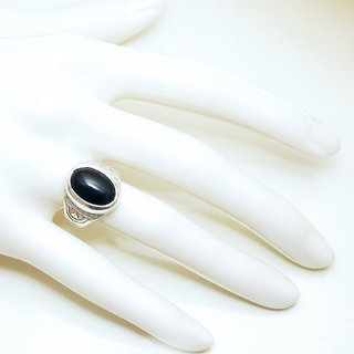 Bijoux touareg ethniques bague chevalire en argent 925 massif femme homme ovale grave pierre fine Onyx noir - Niger 037 b