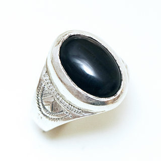 Bijoux touareg ethniques bague chevalire en argent 925 massif femme homme ovale grave pierre fine Onyx noir - Niger 037