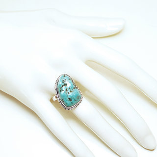 Bijoux ethniques indiens bague en argent 925 massif drus grave filigranes femme homme large et pierre fine turquoise naturelle vritable grosse brute npalais - Npal 135 b