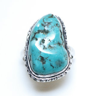 Bijoux ethniques indiens bague en argent 925 massif drus grave filigranes femme homme large et pierre fine turquoise naturelle vritable grosse brute npalais - Npal 135 c