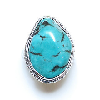 Bijoux ethniques indiens bague en argent 925 massif drus grave filigranes femme homme large et pierre fine turquoise naturelle vritable grosse brute npalais - Npal 136 c