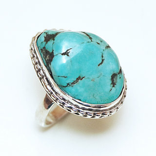 Bijoux ethniques indiens bague en argent 925 massif drus grave filigranes femme homme large et pierre fine turquoise naturelle vritable grosse brute npalais - Npal 136