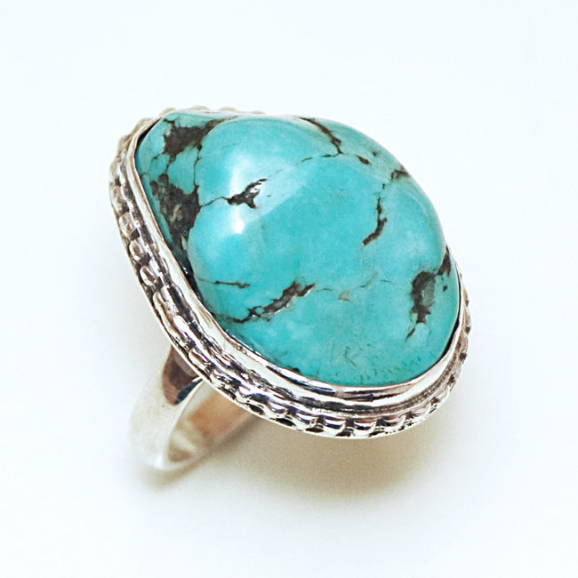 Bague druzy filigranes argent 925 et Turquoise brute naturelle - Népal 136