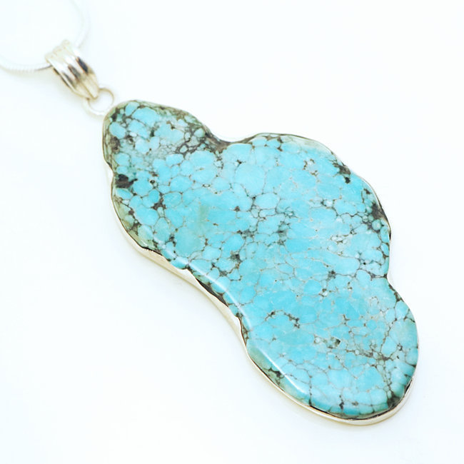 Grand pendentif argent 925 et Turquoise naturelle druzy brute - Népal 017