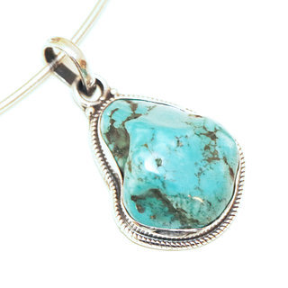 Bijoux Indiens Ethniques petit pendentif en argent 925 massif femme relief et large filigranes gravs pierre fine Turquoise brute naturelle vritable druzy npalais - Npal 020a