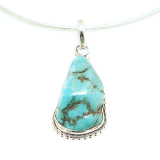 Bijoux Indiens Ethniques grand pendentif en argent 925 massif femme relief petit filigranes pierre fine Turquoise brute naturelle vritable druzy - Npal 021c