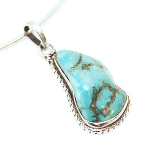 Bijoux Indiens Ethniques grand pendentif en argent 925 massif femme relief petit filigranes pierre fine Turquoise brute naturelle vritable druzy - Npal 021a