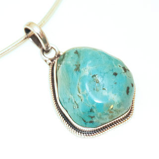 Bijoux Indiens Ethniques grand pendentif druzy en argent 925 massif femme relief petit filigranes grav pierre fine Turquoise brute naturelle vritable - Npal 023a