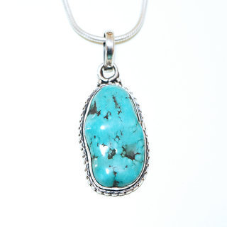 Bijoux Indiens Ethniques grand pendentif druzy en argent 925 massif femme relief et petit filigranes grav pierre fine Turquoise brute naturelle vritable npalais - Npal 026 b