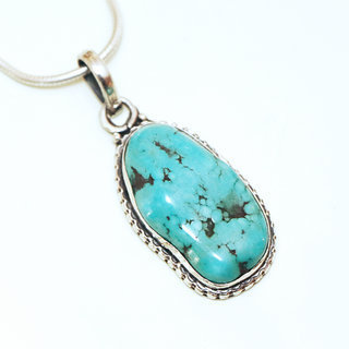 Bijoux Indiens Ethniques grand pendentif druzy en argent 925 massif femme relief et petit filigranes grav pierre fine Turquoise brute naturelle vritable npalais - Npal 026