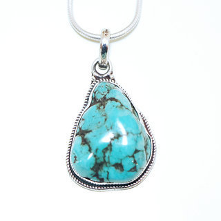 Bijoux Indiens Ethniques grand pendentif druzy en argent 925 massif femme relief et petit filigranes grav pierre fine Turquoise brute naturelle vritable npalais - Npal 027 b