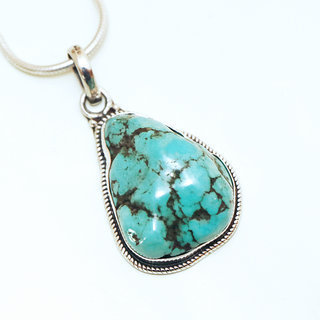 Bijoux Indiens Ethniques grand pendentif druzy en argent 925 massif femme relief et petit filigranes grav pierre fine Turquoise brute naturelle vritable npalais - Npal 027