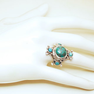 Bijoux ethniques indiens bague chevalire en argent massif 925 Croix Tibtaine pierre fine turquoise grav filigrane npalais - 312R Npal Tibet b