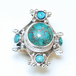 Bijoux ethniques indiens bague chevalire en argent massif 925 Croix Tibtaine pierre fine turquoise grav filigrane npalais - 312R Npal Tibet c