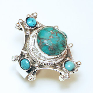 Bijoux ethniques indiens bague chevalire en argent massif 925 Croix Tibtaine pierre fine turquoise grav filigrane npalais - 312R Npal Tibet