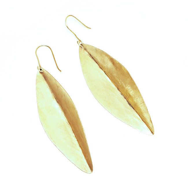 Boucles d'oreilles feuilles lisses en bronze doré - Mali 094