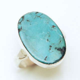 Bijoux ethniques Indiens bague en argent 925 massif femme homme ovale plate pierre fine Turquoise naturelle vritable - Inde 127