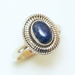 Bijoux ethniques Indiens bague en argent 925 massif femme fine petite ovale filigranes pierre fine Lapis Lazuli bleu fonc - Inde 125