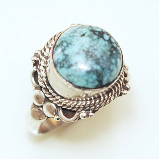 Bijoux ethniques indiens bague en argent 925 et pierre fine ronde filigranes turquoise naturelle vritable npalais - Npal 302