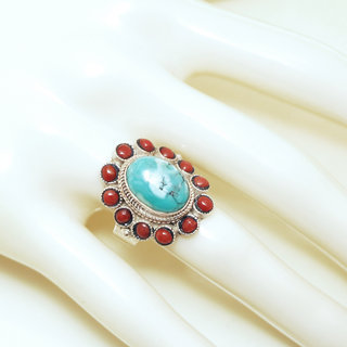 Bijoux ethniques indiens bague en argent 925 et pierre fine ovale filigranes turquoise naturelle vritable et corail rouge npalais - Npal 307 b