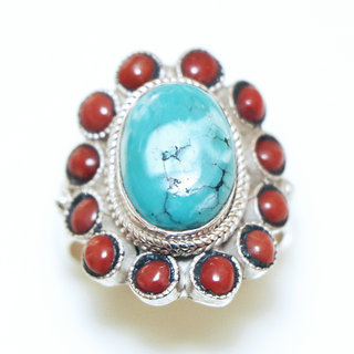 Bijoux ethniques indiens bague en argent 925 et pierre fine ovale filigranes turquoise naturelle vritable et corail rouge npalais - Npal 307 c