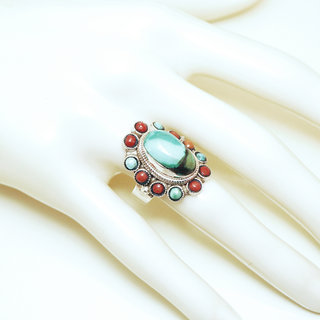 Bijoux ethniques indiens bague en argent 925 et pierre fine ovale filigranes turquoise naturelle vritable et corail rouge npalais - Npal 309 b