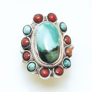 Bijoux ethniques indiens bague en argent 925 et pierre fine ovale filigranes turquoise naturelle vritable et corail rouge npalais - Npal 309 c